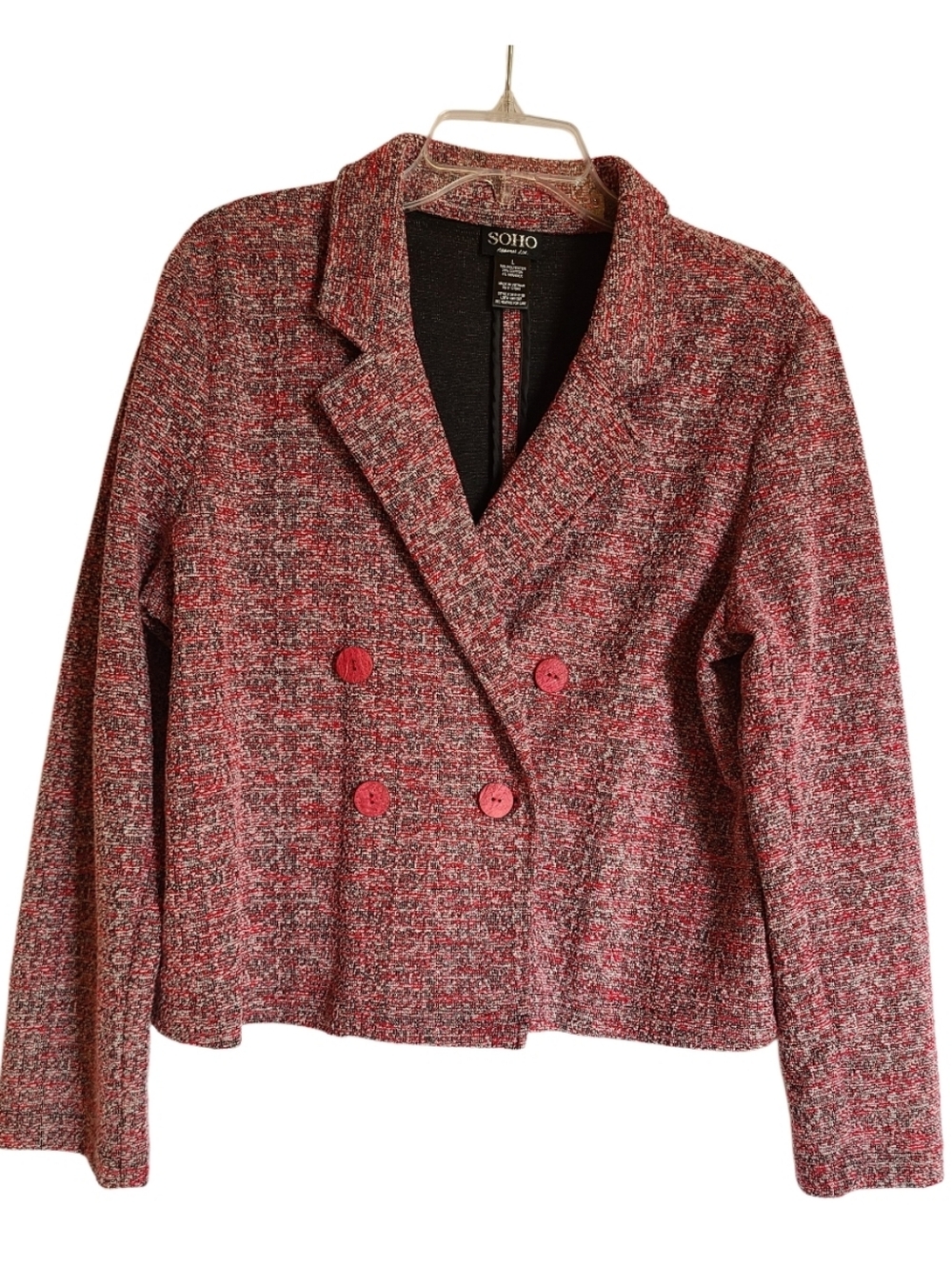 ​SOHO Red Mixed Knit Blazer Jacket Large Academic Preppy Double Breasted Tweed